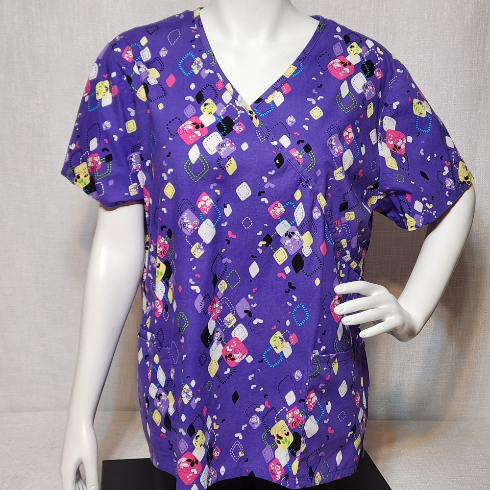 SB Scrubs Confetti Purple V Neck Scrub Top Cotton Medical Large